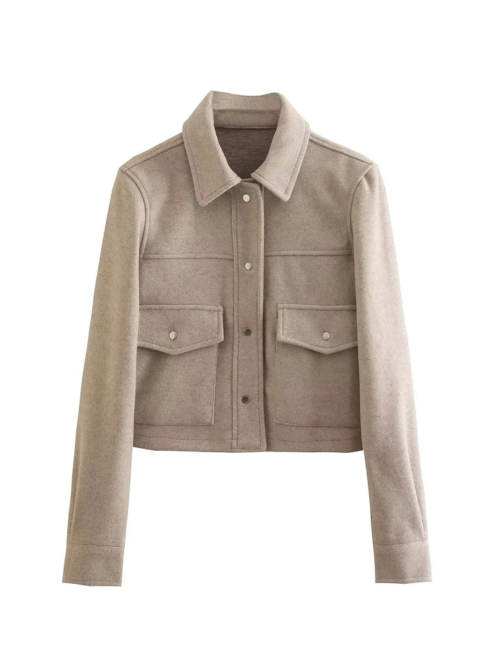 Women's Cropped Wool-Blend Jacket with Button Front and Structured Utility Design