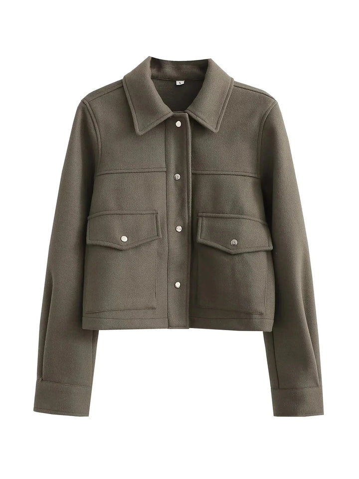 Women's Cropped Wool-Blend Jacket with Button Front and Structured Utility Design