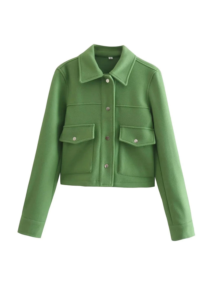 Women's Cropped Wool-Blend Jacket with Button Front and Structured Utility Design