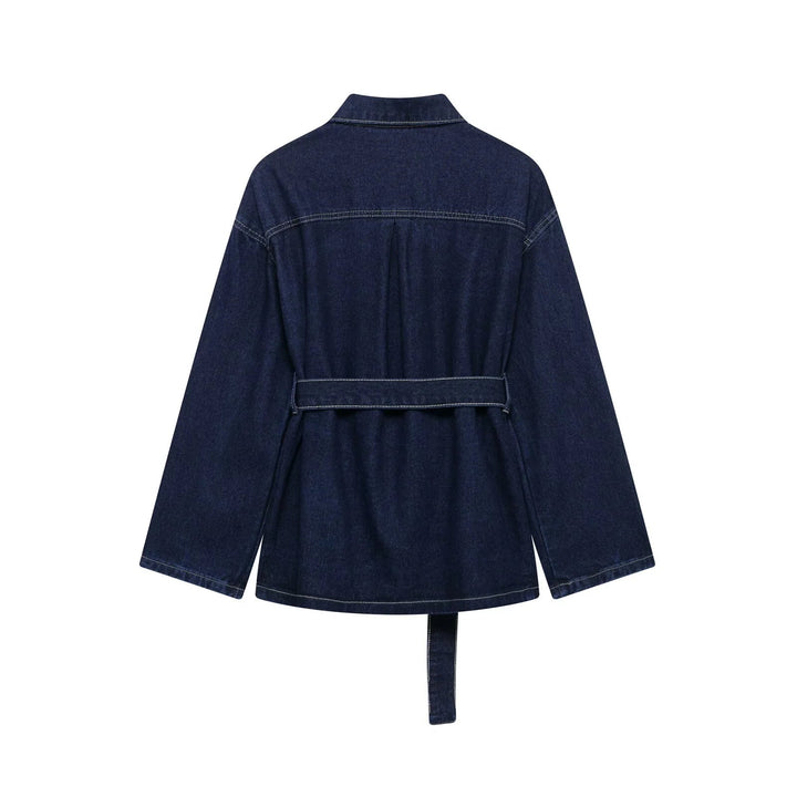 Women's Belted Denim Utility Jacket with Structured Collar and Relaxed Fit