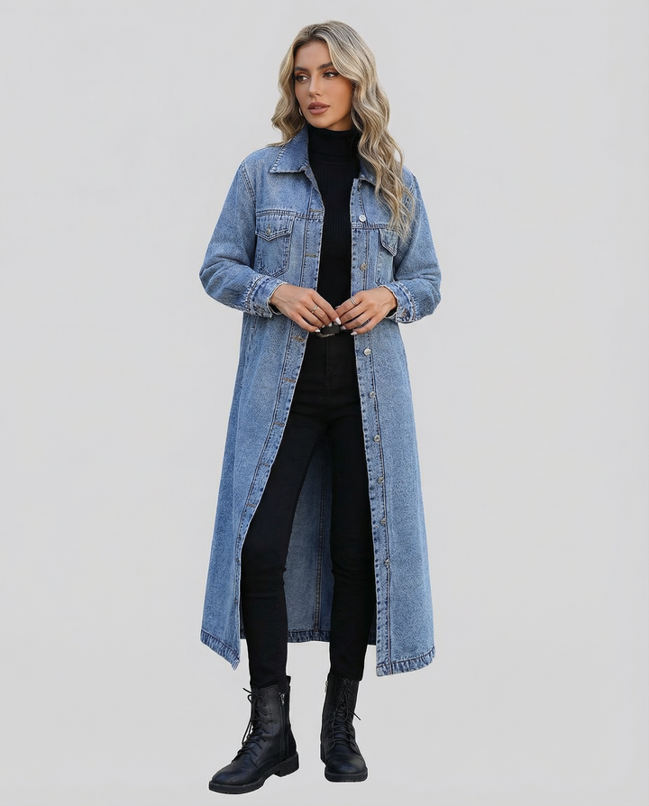 Women's Oversized Long Denim Coat with Button-Down Front and Classic Collar