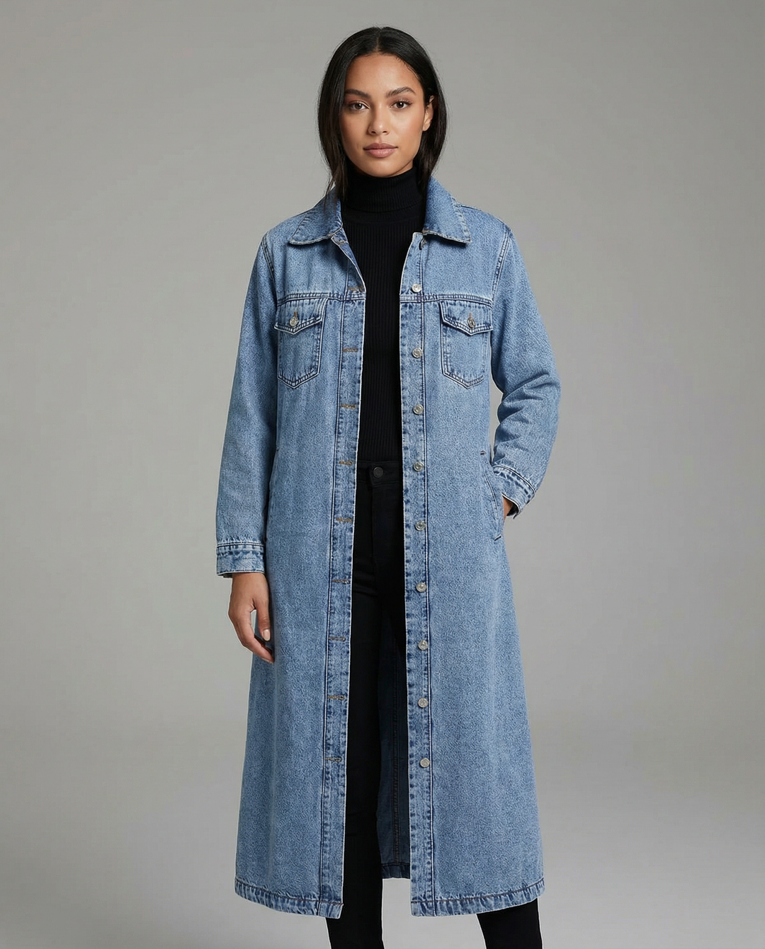 Women's Oversized Long Denim Coat with Button-Down Front and Classic Collar