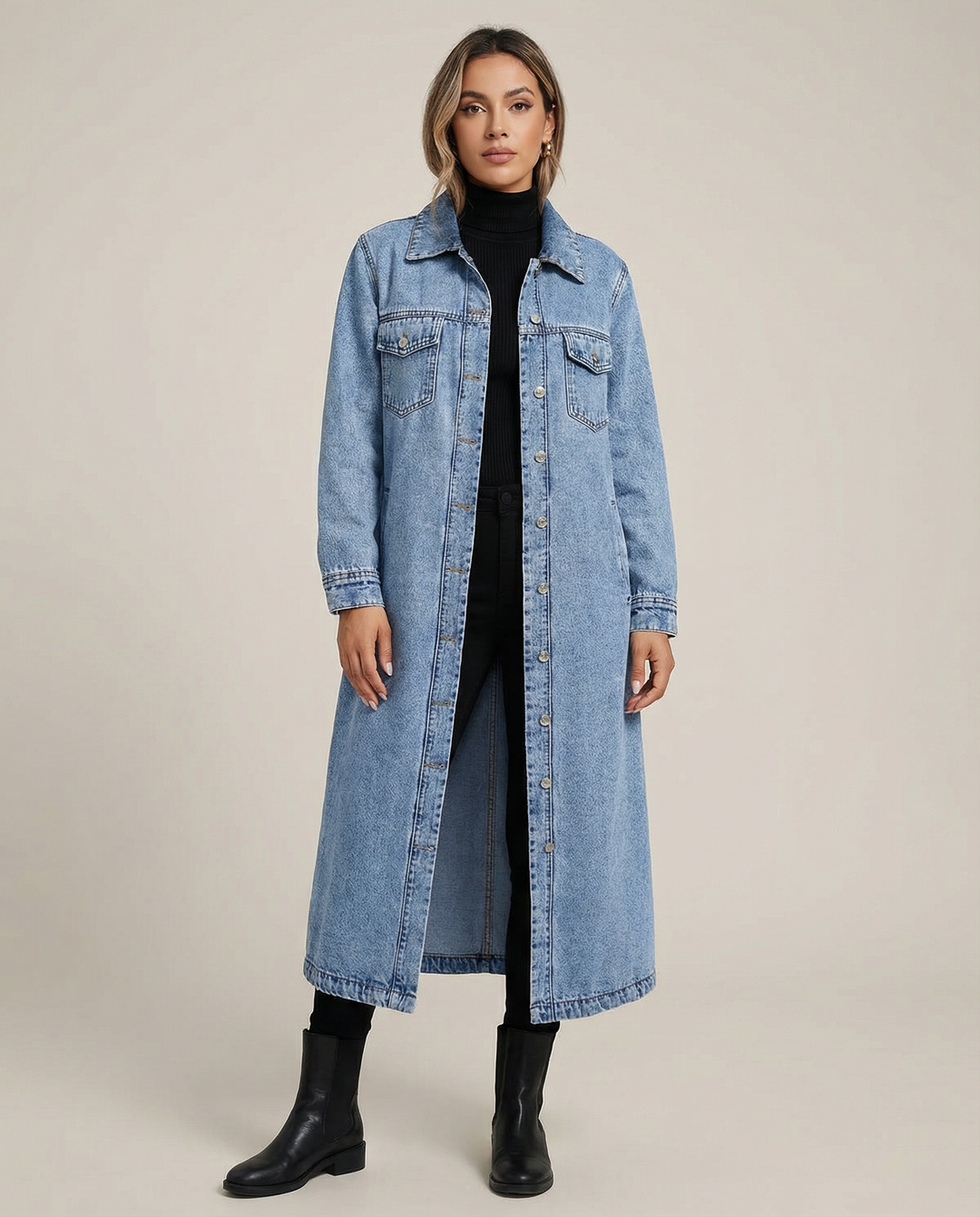 Women's Oversized Long Denim Coat with Button-Down Front and Classic Collar