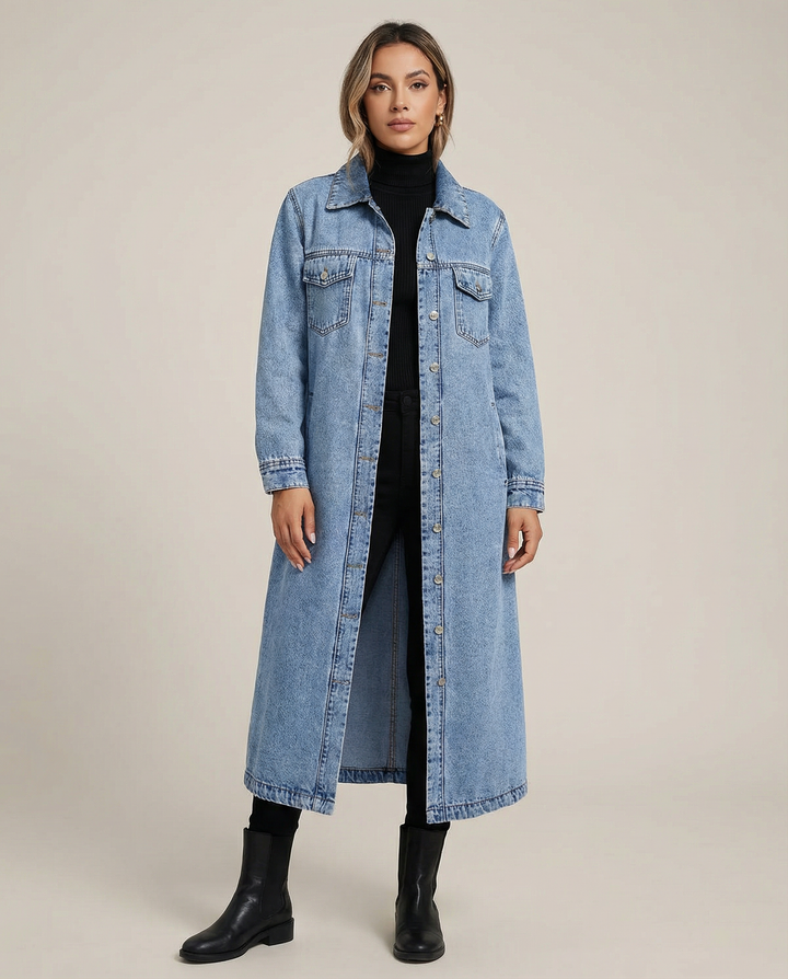 Women's Oversized Long Denim Coat with Button-Down Front and Classic Collar