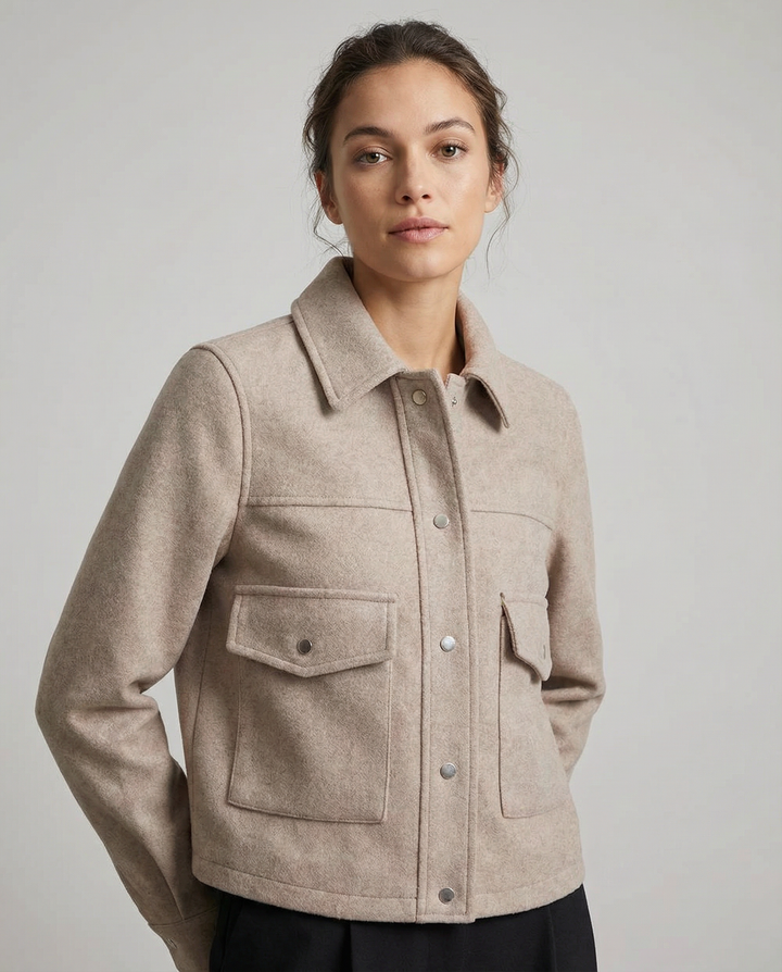 Women's Cropped Wool-Blend Jacket with Button Front and Structured Utility Design