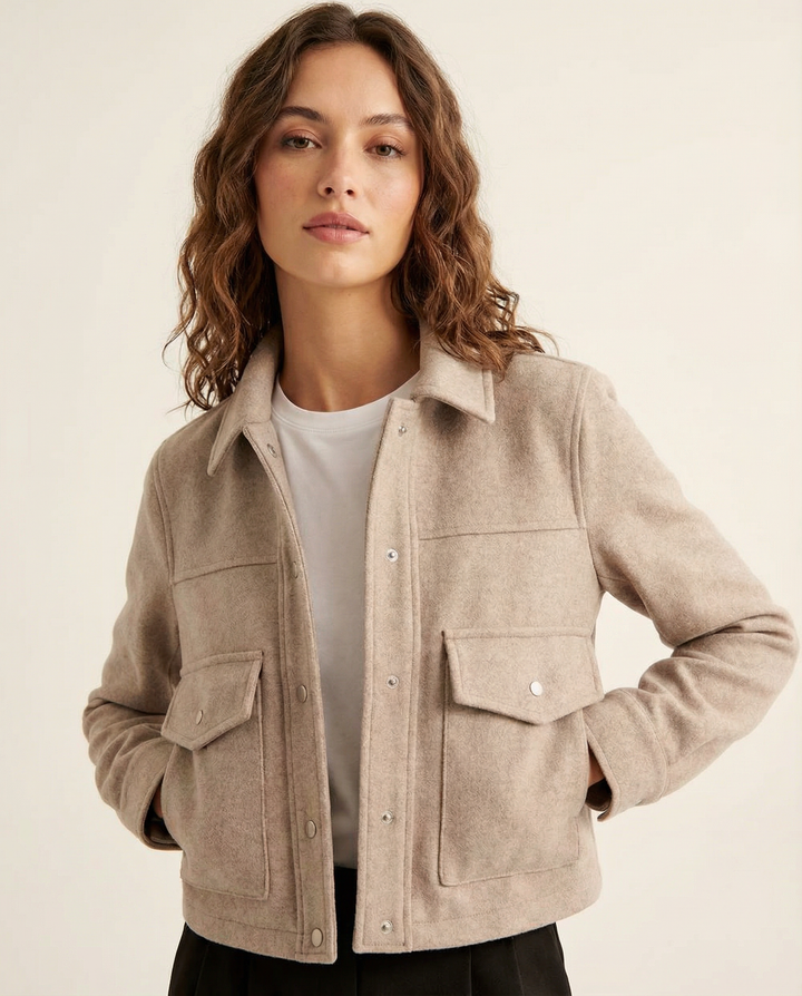 Women's Cropped Wool-Blend Jacket with Button Front and Structured Utility Design