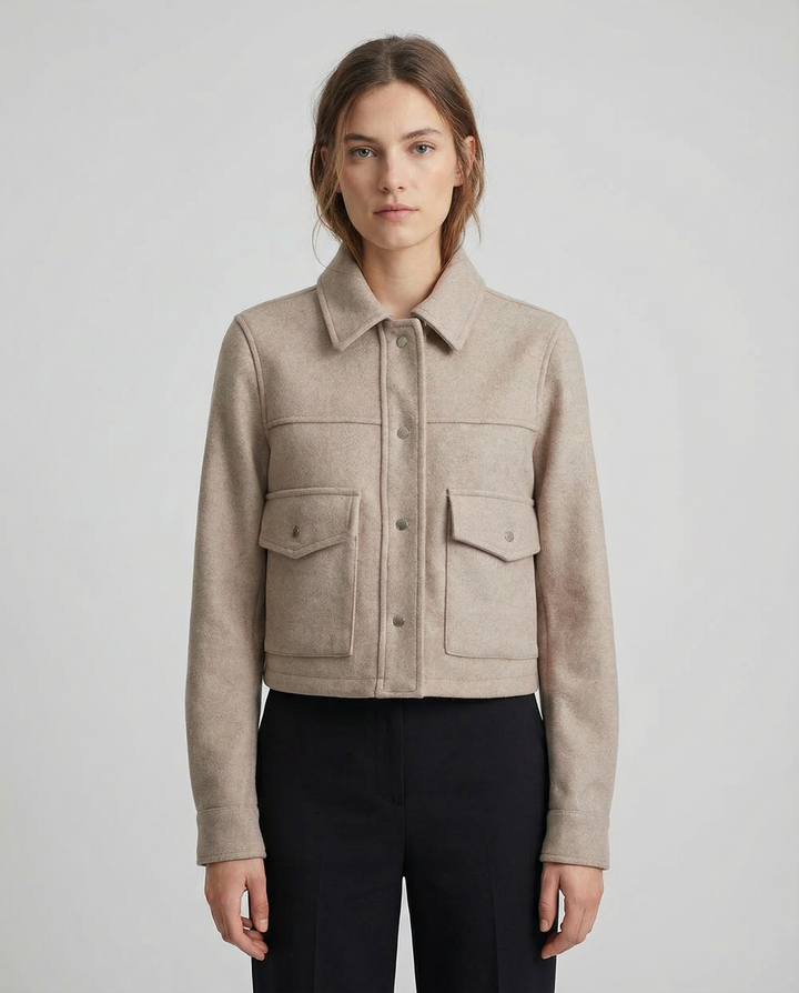 Women's Cropped Wool-Blend Jacket with Button Front and Structured Utility Design