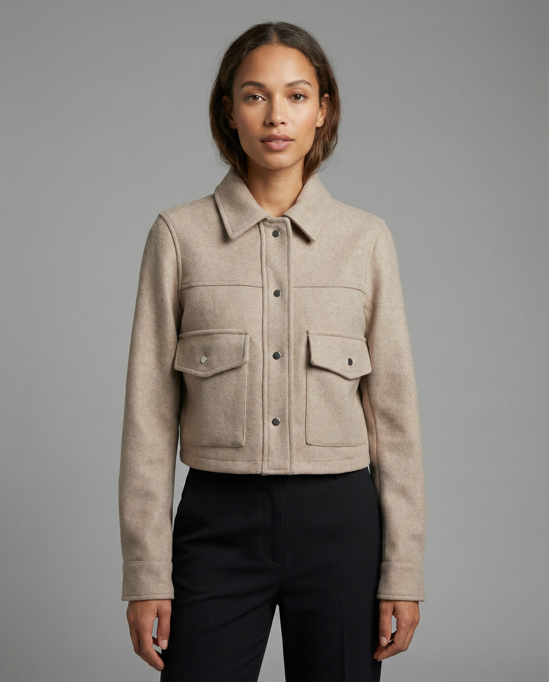 Women's Cropped Wool-Blend Jacket with Button Front and Structured Utility Design