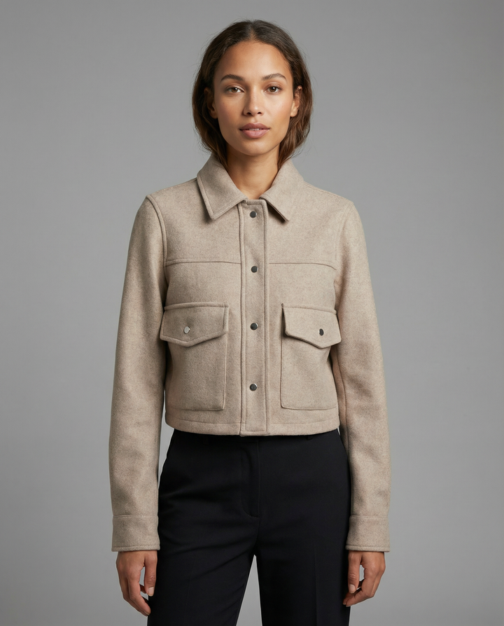 Women's Cropped Wool-Blend Jacket with Button Front and Structured Utility Design