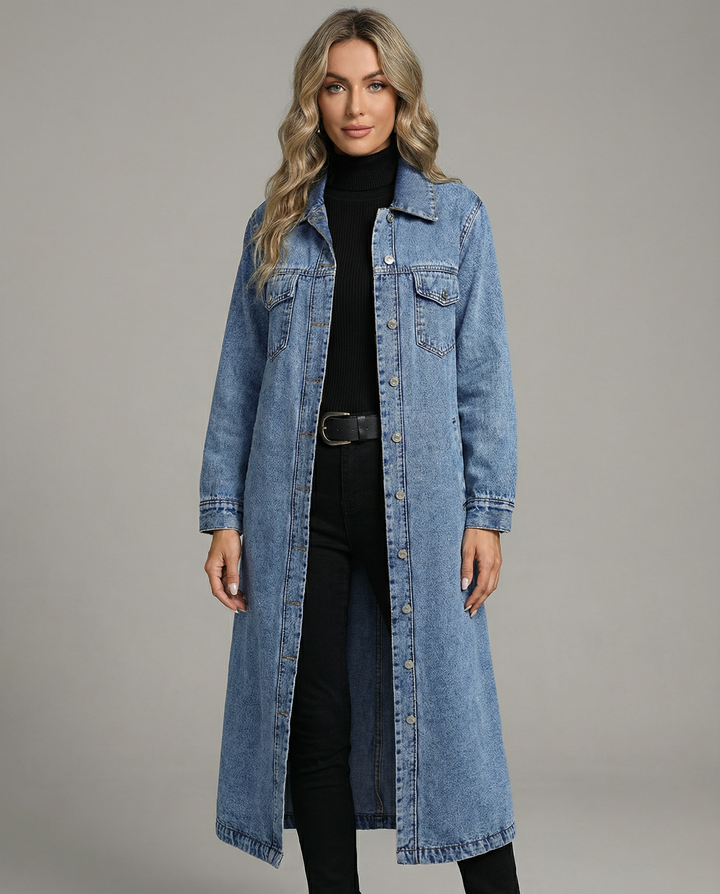 Women's Oversized Long Denim Coat with Button-Down Front and Classic Collar