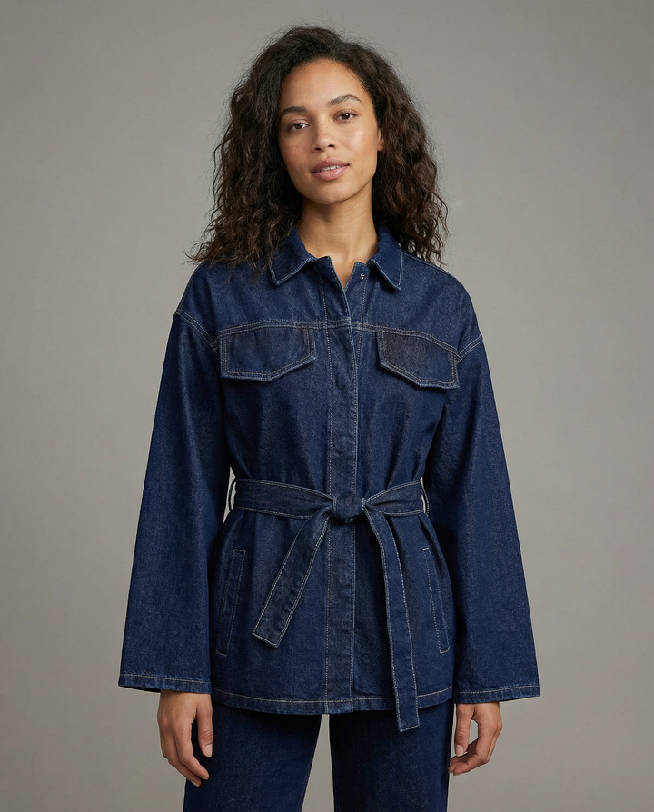 Women's Belted Denim Utility Jacket with Structured Collar and Relaxed Fit