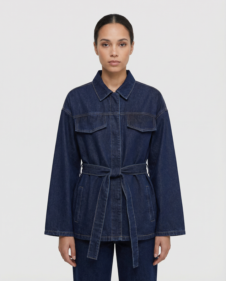 Women's Belted Denim Utility Jacket with Structured Collar and Relaxed Fit
