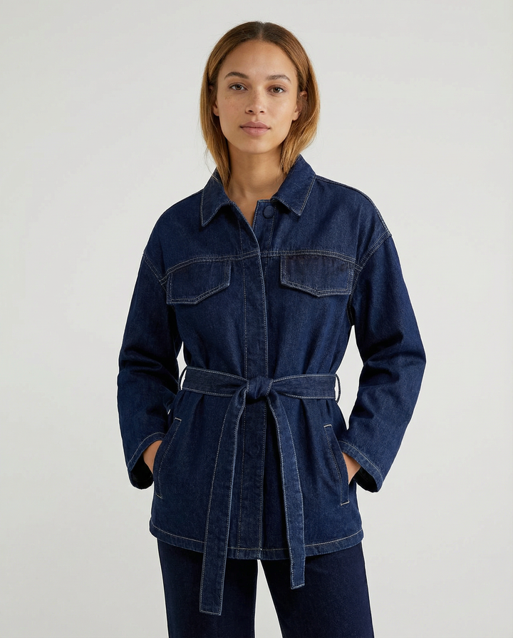 Women's Belted Denim Utility Jacket with Structured Collar and Relaxed Fit