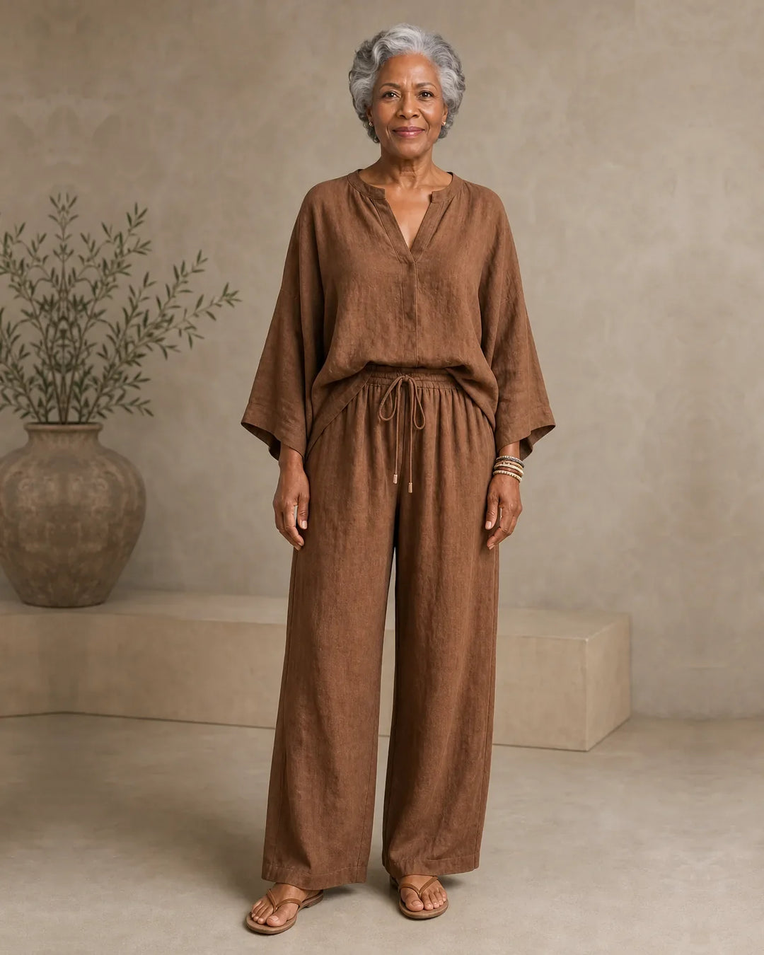 Camryn | Linen Look V-Neck Two-Piece Set